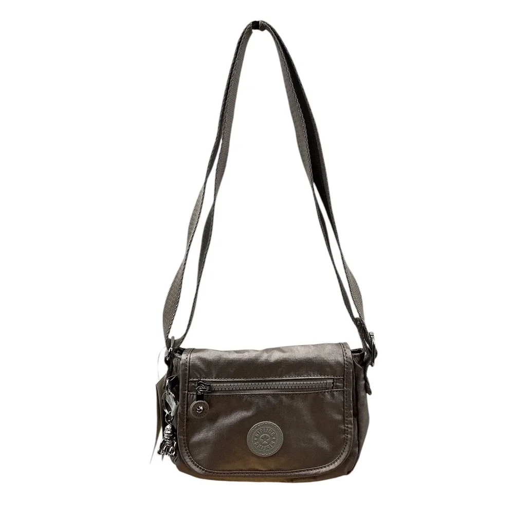 Kipling Metallic Pewter Nylon Crossbody Bag with‎ Monkey Keychain NWT